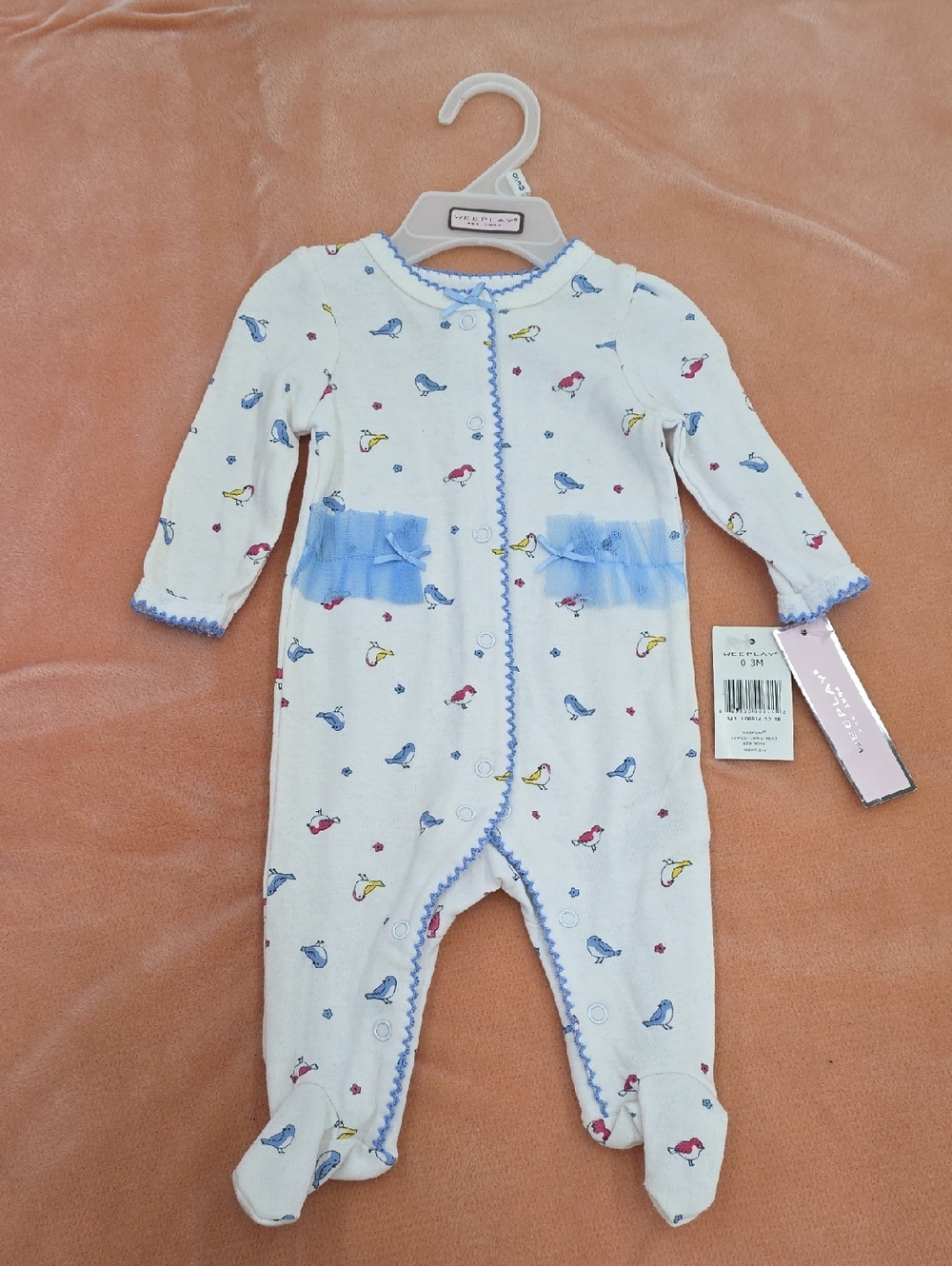 NWT Weeplay Baby Girls' White Bird Print One-Piece Romper/Pajamas with Blue Trim